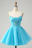 Cute Glitter Blue A Line Spaghetti Straps Corset Homecoming Dress with Beading