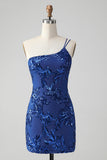 Sparkly Bodycon Royal Blue One Shoulder Sequins Homecoming Dress with Embroidery