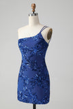 Sparkly Bodycon Royal Blue One Shoulder Sequins Homecoming Dress with Embroidery