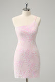 Sparkly Pink Bodycon One Shoulder Sequins Short Homecoming Dress