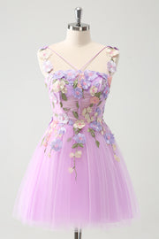 Purple A Line Halter Flowers Tulle Short Homecoming Dress