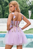 Elegant Purple A Line Halter Flowers Tulle Short Homecoming Dress with Lace Up Back