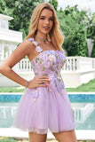 Elegant Purple A Line Halter Flowers Tulle Short Homecoming Dress with Lace Up Back