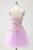 Elegant Purple A Line Halter Flowers Tulle Short Homecoming Dress with Lace Up Back