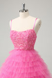 Glitter Pink A Line Spaghetti Straps Tiered Flowers Tulle Cute Homecoming Dress