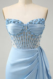Sparkly Blue Bodycon Sweetheart Corset Homecoming Dress with Beading