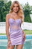 Unique Sparkly Tight Corset Sequin Pleated Purple Homecoming Dress with Appliques