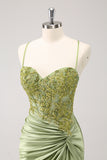 Sparkly Army Green Lace-Up Back Appliques Pleated Homecoming Dress