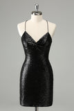 Stylish Glitter Black Sequins Tight Halter Homecoming Dress with Lace Up Back