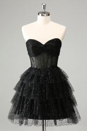 Sparkly A Line Black Sweetheart Tiered Corset Cute Homecoming Dress