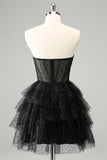 Sparkly A Line Black Sweetheart Tiered Corset Cute Homecoming Dress