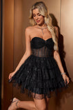 Sparkly Cute A Line Black Sweetheart Tiered Corset Homecoming Dress