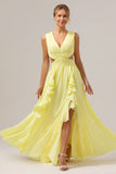 Lemon Yellow A Line Cut Out Long Bridesmaid Dress with Ruffles