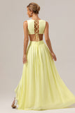 Lemon Yellow A Line Cut Out Lace Up Back Long Bridesmaid Dress with Ruffles