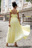 Simple Lemon Yellow A Line Pleated Wedding Party Guest Dress with Ruffles