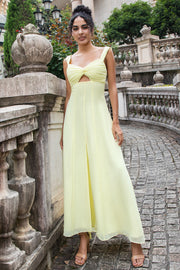 Lemon Yellow A Line Keyhole Long Bridesmaid Dress with Slit