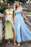 Lemon Yellow Keyhole A Line Long Bridesmaid Dress