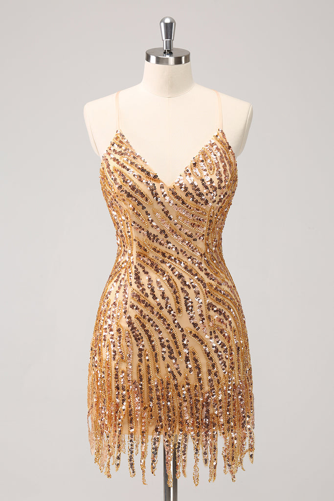 Sparkly Hot Pink A Line Spaghetti Straps Fringe Sequins Homecoming Dress
