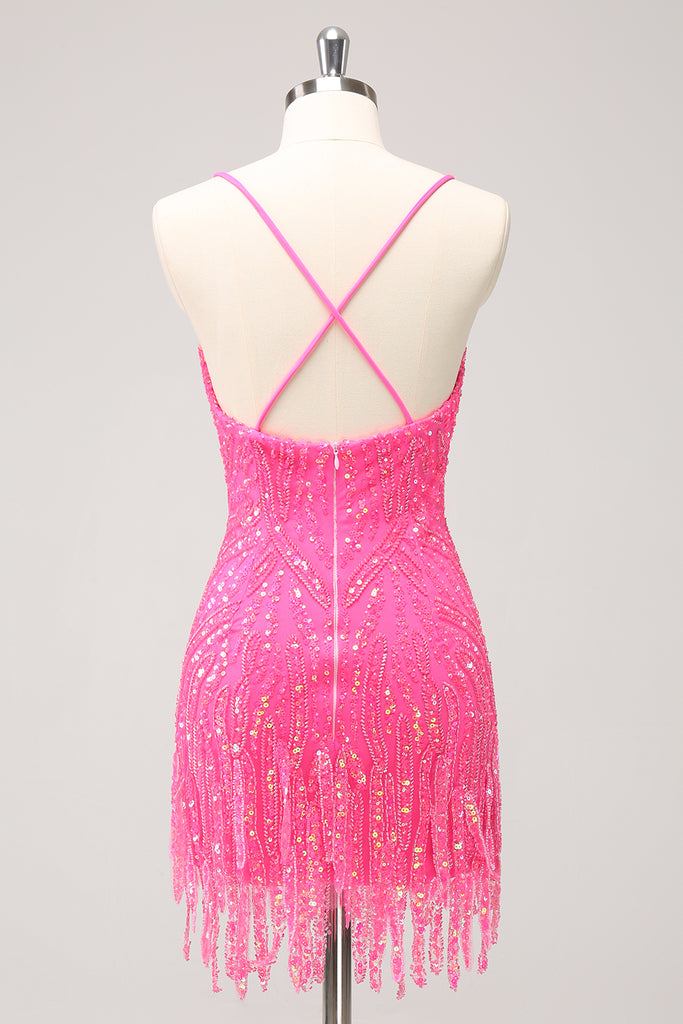 Gorgeous Hot Pink Spaghetti Straps Sequin Flowers Short Homecoming Dress Cocktail Dress SP159