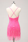 Sparkly Hot Pink Tight Sequins V Neck Homecoming Dress with Fringes