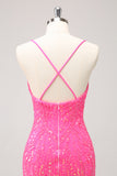 Sparkly Hot Pink Tight Sequins V Neck Homecoming Dress with Fringes