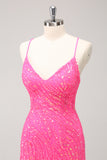 Sparkly Hot Pink Tight Sequins V Neck Homecoming Dress with Fringes