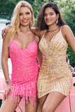 Sparkly Hot Pink Tight Sequins V Neck Homecoming Dress with Fringes