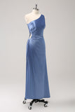 Blue One Shoulder Satin Keyhole Long Bridesmaid Dress