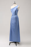 Blue One Shoulder Satin Keyhole Long Bridesmaid Dress