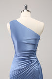 Blue One Shoulder Satin Keyhole Long Bridesmaid Dress