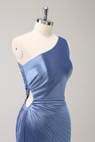 Blue One Shoulder Satin Keyhole Long Bridesmaid Dress