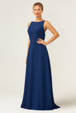 Navy Mermaid Backless Chiffon Long Bridesmaid Dress