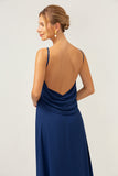 Navy Mermaid Backless Chiffon Long Bridesmaid Dress