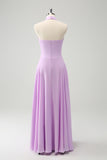 Purple A Line Halter Chiffon Long Backless Bridesmaid Dress