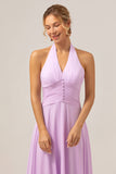 A Line Halter Chiffon Backless Long Purple Bridesmaid Dress