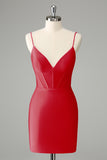 Fuchsia Bodycon Spaghetti Straps Satin Homecoming Dress