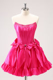 Fuchsia A Line Strapless Corset Short Homecoming Dress With Bows