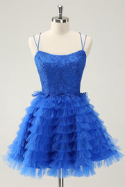 Blue A Line Spaghetti Straps Tulle Cute Homecoming Dress with Ruffles