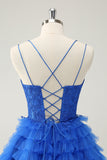 Blue A Line Spaghetti Straps Tulle Cute Homecoming Dress with Ruffles