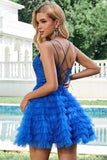 Elegant Blue A Line Spaghetti Straps Tulle Homecoming Dress with Ruffles