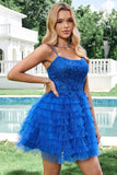 Elegant Blue A Line Spaghetti Straps Tulle Homecoming Dress with Ruffles