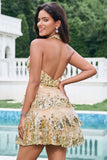 Sparkly Gold A Line Halter Tiered Backless Short Homecoming Dress with Sequins