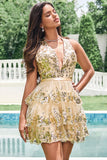 Sparkly Gold A Line Halter Tiered Backless Short Homecoming Dress with Sequins