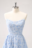 Blue Floral Strapless A-Line High Low Bridesmaid Dress