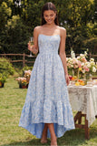A-Line Blue Floral Strapless High Low Floral Dress