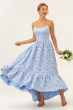 A-Line Blue Floral Strapless High Low Bridesmaid Dress