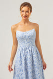 A-Line Blue Floral Strapless High Low Bridesmaid Dress