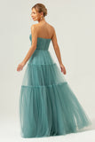 A-Line Strapless Corset Tulle Eucalyptus Bridesmaid Dress