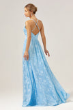 Sparkly Light Blue V-Neck Pleated Bridesmaid Dress with Embroidery