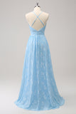 Sparkly Light Blue V-Neck Pleated Bridesmaid Dress with Embroidery